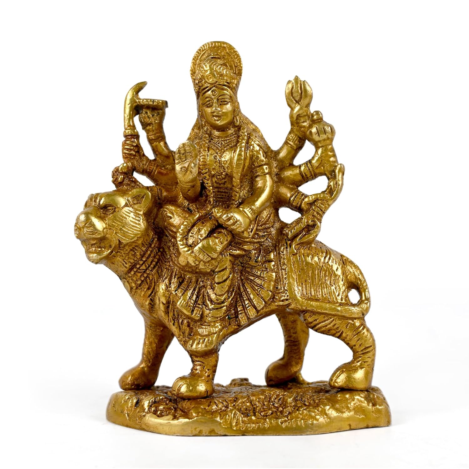 Metal Sherawali Mata Idol, Goddess Durga, Ambe Rani, Golden, Brass - 5.25 Inch