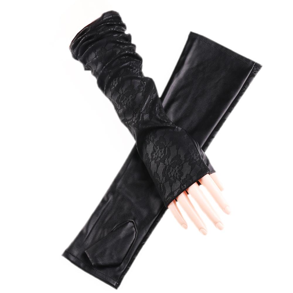 New Extended Fashion Gloves Lace Long Half Finger Etiquette Dance Party Nightclub Performance Leather Gloves