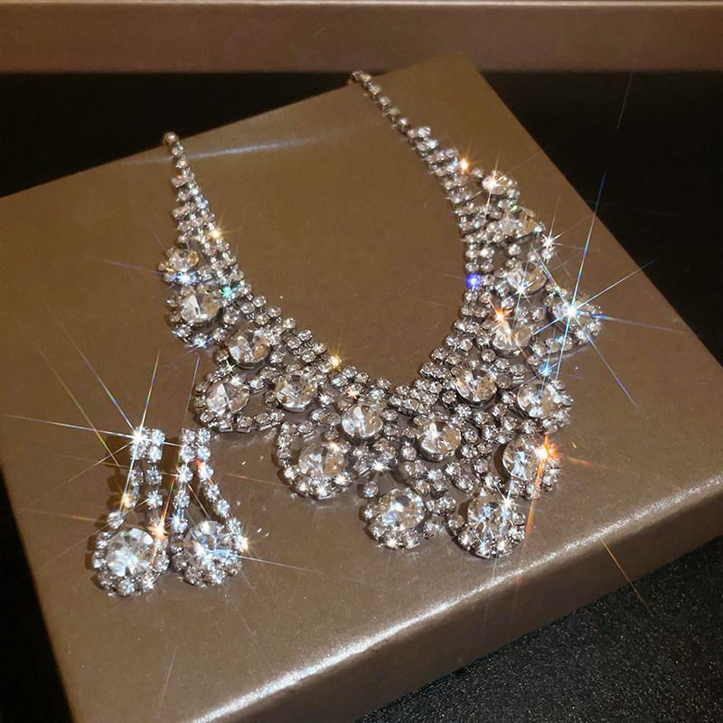 Elegant Rhinestone Geometric Tassel Necklace & Earring Set for Women
