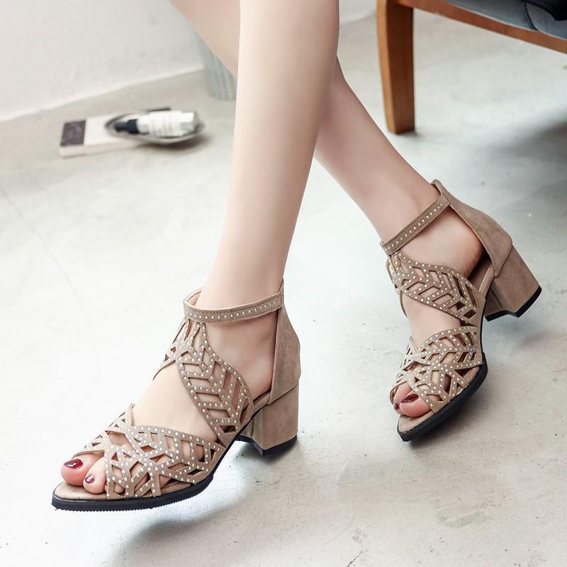 2024 Summer Plus Size Hollow Out Peep Toe Chunky High Heel Sandals