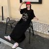 DIMANAF Women 2025 Plus Size Solid Dress Summer Vintage Dress Basic O-Neck Long Casual Loose Black Dress Maxi