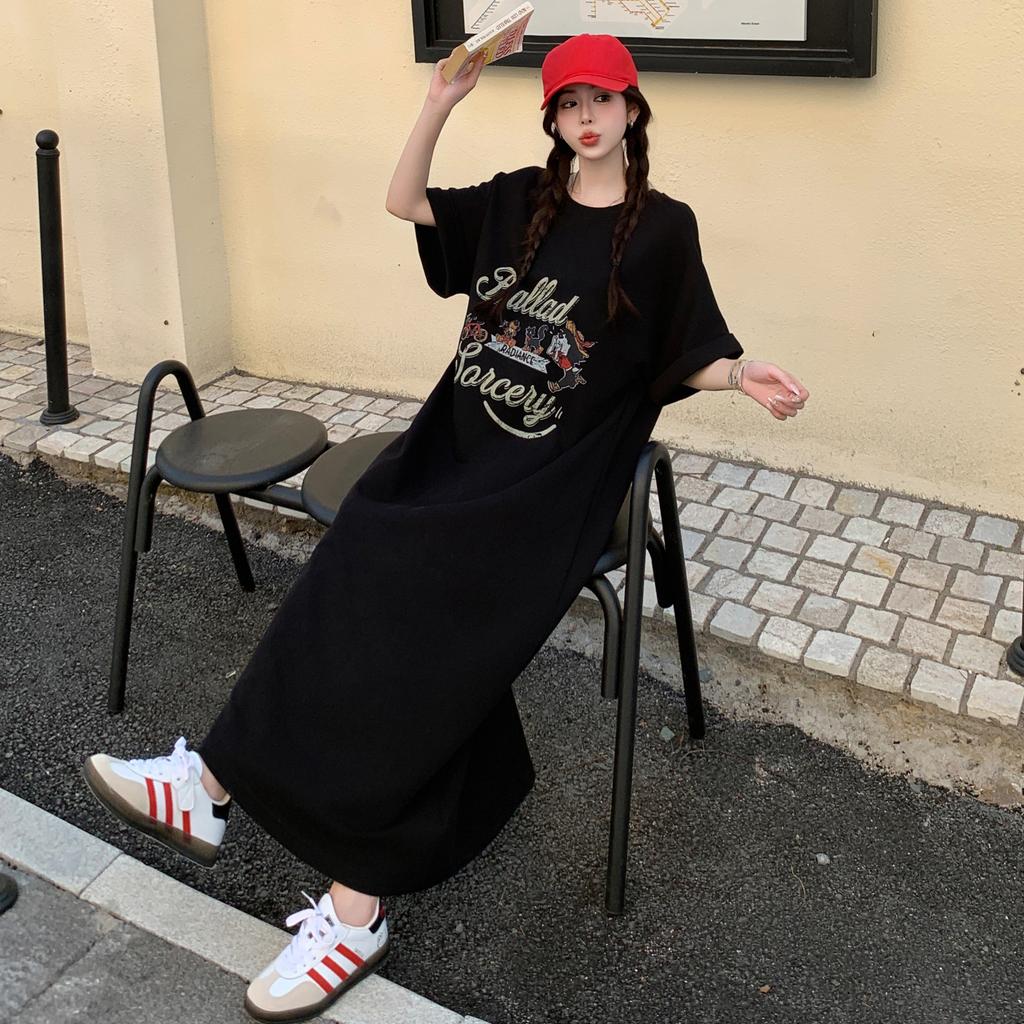 DIMANAF Women 2025 Plus Size Solid Dress Summer Vintage Dress Basic O-Neck Long Casual Loose Black Dress Maxi