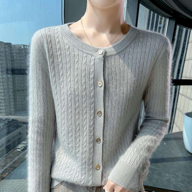 2026 Autumn/Winter Women's Soft Chunky Cable Knit Wool Cardigan Sweater - Round Neck Solid Color Top