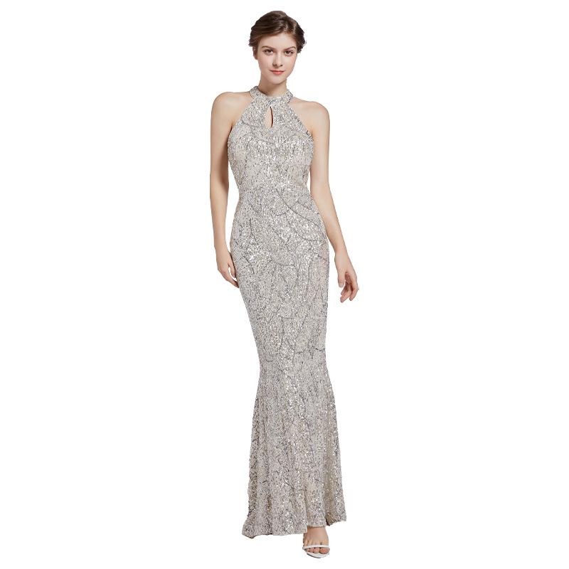 Elegantes Neckholder-Pailletten-Meerjungfrauen-Abendkleid, Ärmelloses Schlüsselloch-Formalkleid für Damen, Ideal für Abschlussbälle und Partys