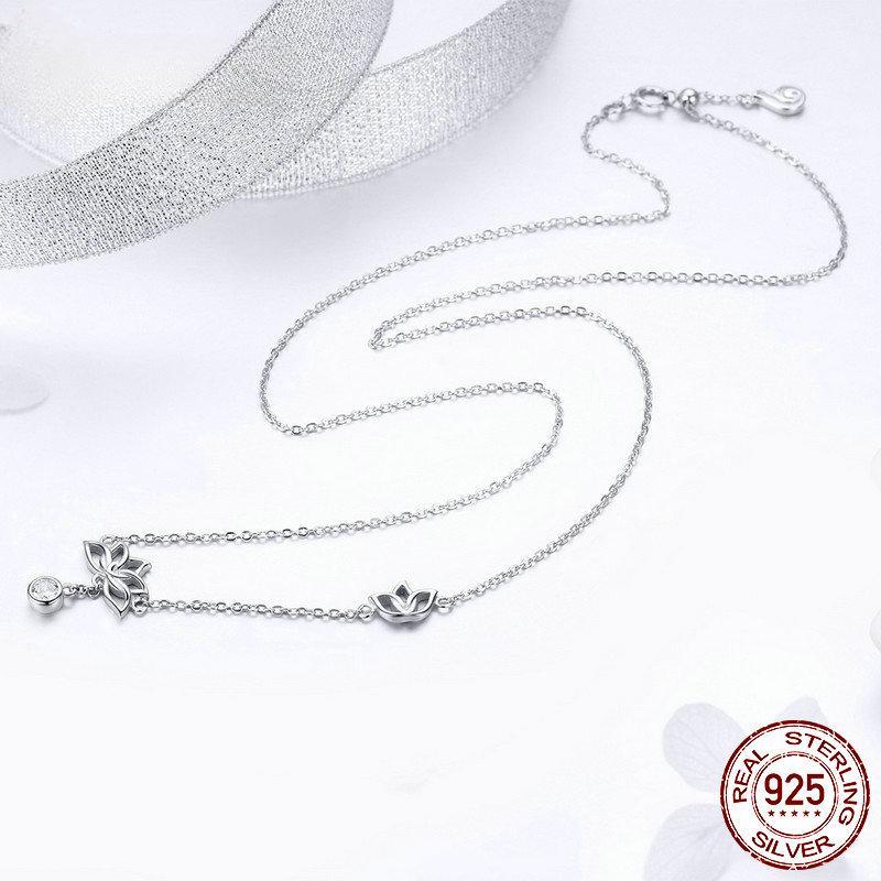 Elegant 100 %925 Sterling Silver Lotus Flower Pendant Necklaces For Women Clear Cubic Zircon Necklaces Jewelry Bsn012