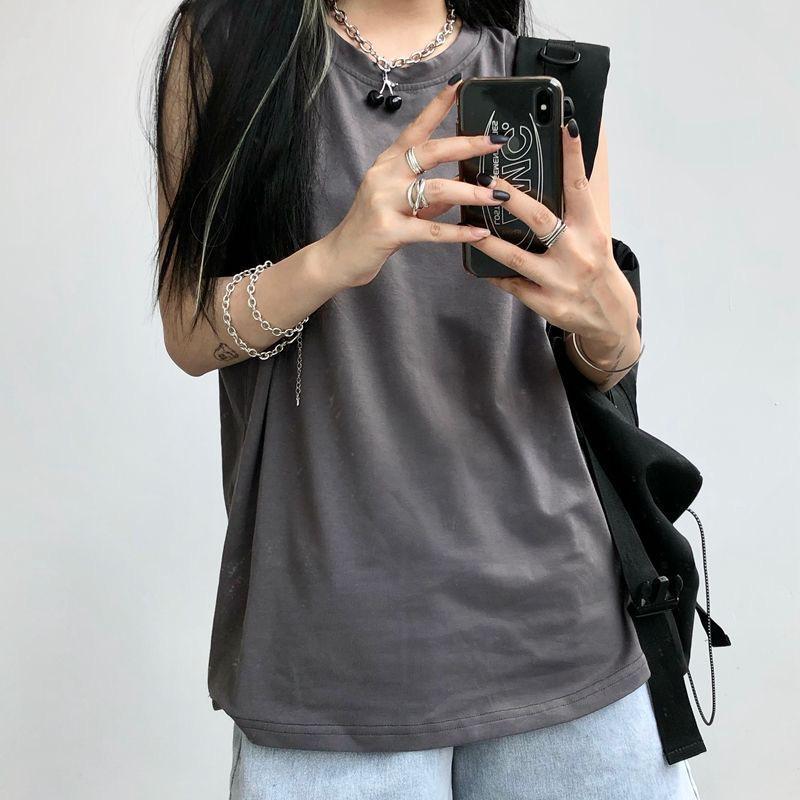 Bílé volné tričko bez rukávů pro ženy - Nová letní móda 2025, Černý vestový styl, Ležérní studentský top