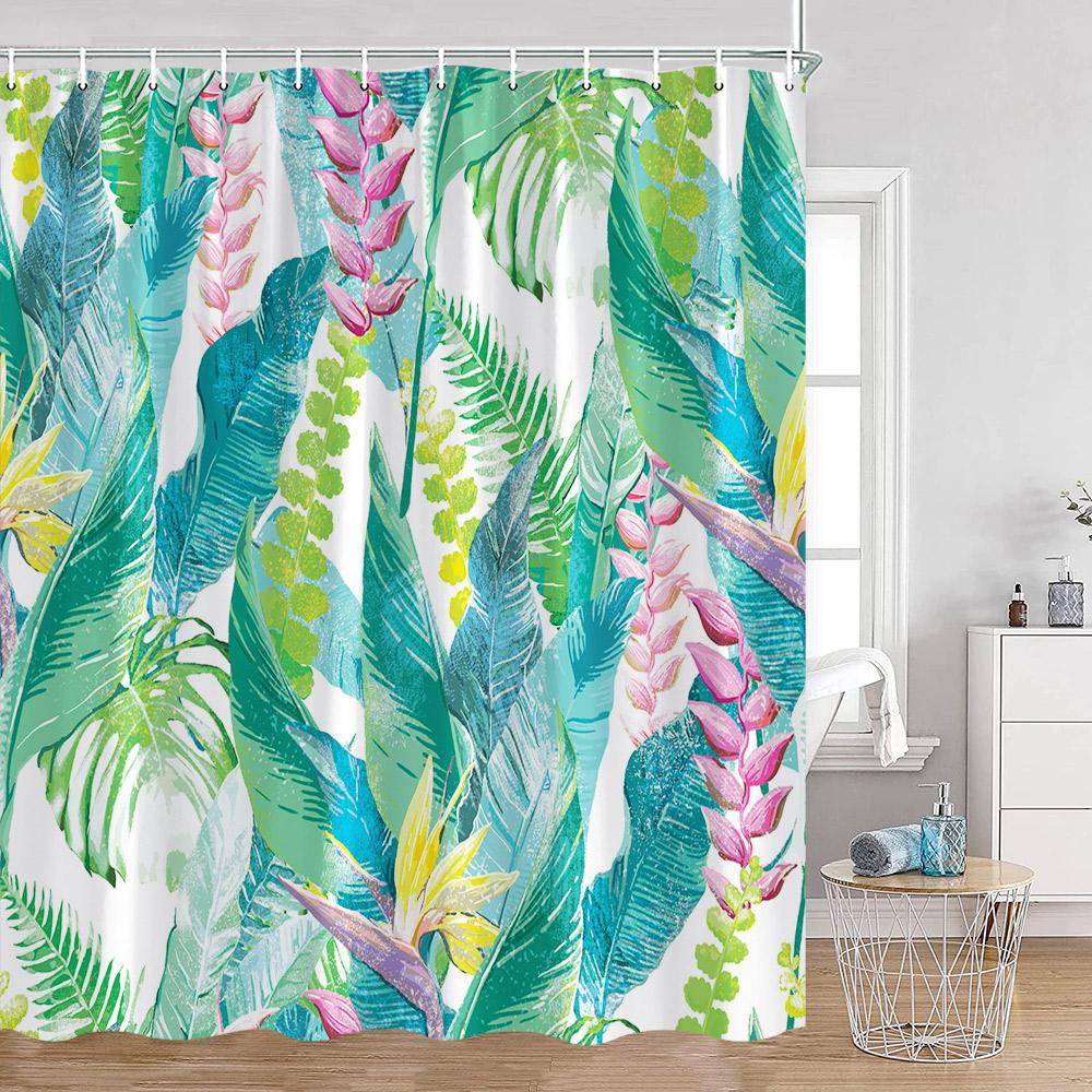 Green Leaves Shower Curtains Monstera Palm Leaf Green Plants Botanical Bathroom Curtain Greenery Bath Deorations with Hooks