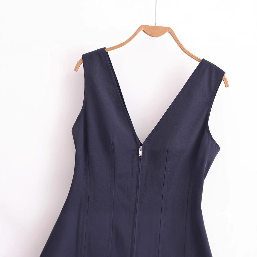 2025 Spring Women's European & American V-Neck Zipper Midi Dress