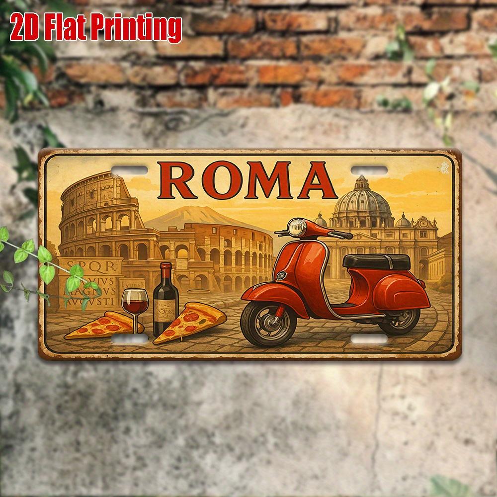 Printing, , Vintage Metal License Plate, Outdoor Wall Art , Number ROMA Aluminum Sign with and Wine, for Home, Bar, Cafe, Gar