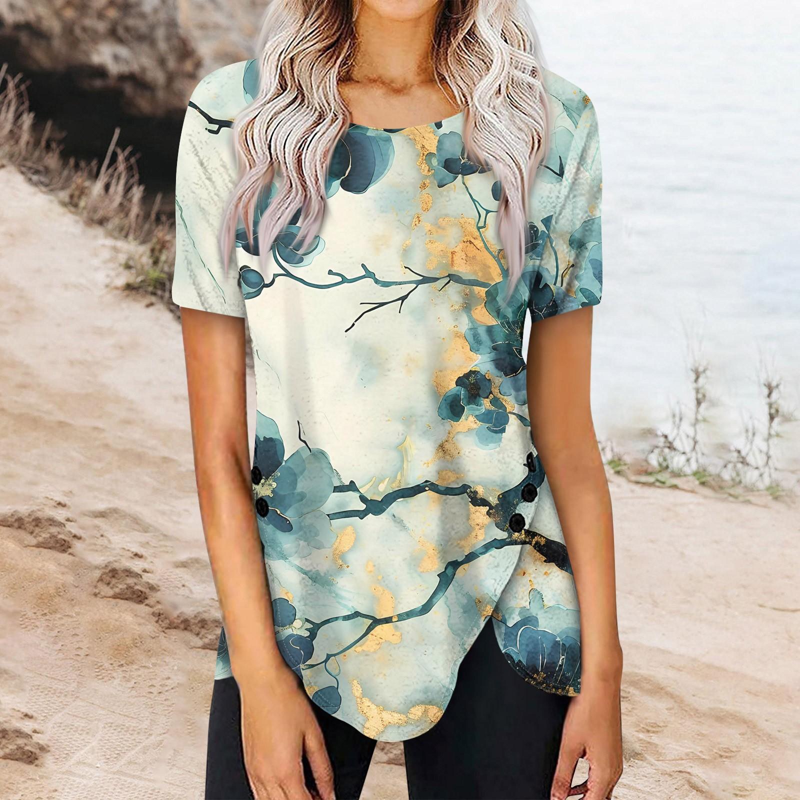 

Женский летний топ с коротким рукавом и круглым вырезом, с принтом на пуговицах сбоку XXXL