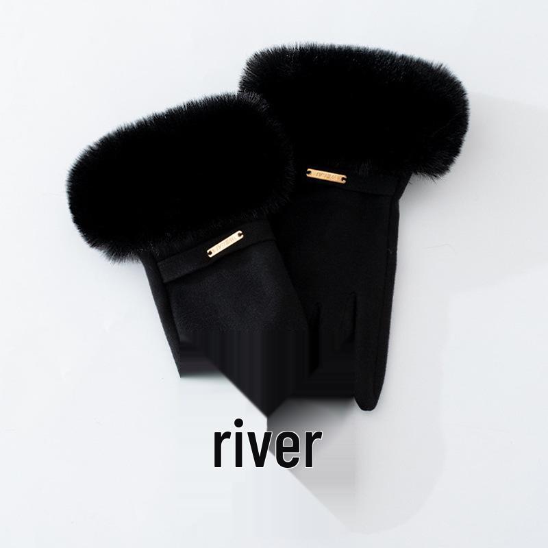 Women's Velvet Rabbit Fur Fleece-Lined Cycling Gloves - Warm, Non-Slip, Windproof, Thick Winter Gloves