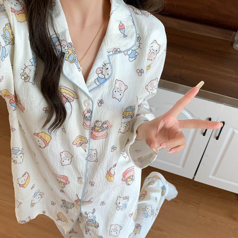 Cartoon Sausage Dog Plus Size Women's Long Sleeve Pajama Set for Spring/Autumn