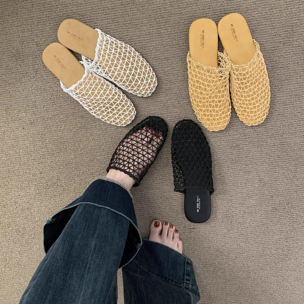 Summer Outer Wear Popular Mesh Woven Breathable Bag Head Half Slippers Women's 2025 New Versatile Outer Wear Fishing Net Sandals