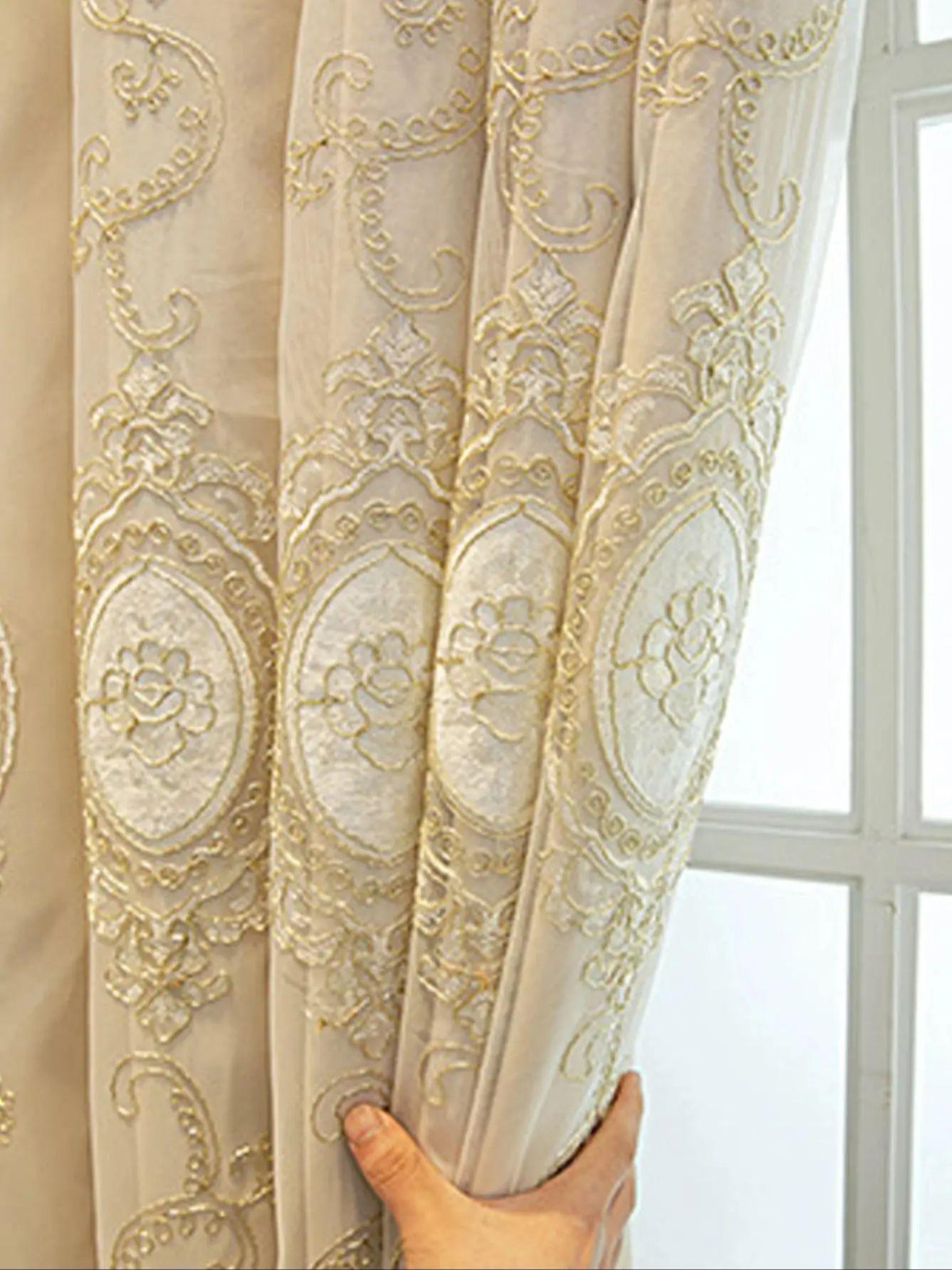 Hoge Gaas Geïntegreerd Dubbellaags Afgewerkt Product Einde Europese Woonkamer Geborduurde gordijnen Kip 1pc W100xL200 cm&Hooks tape top beige