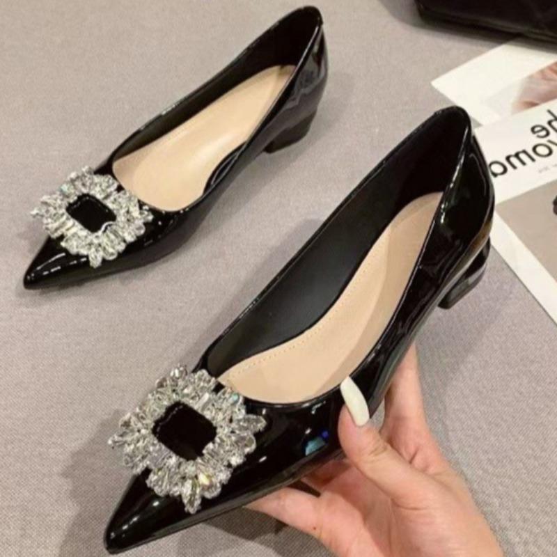 

Модная женская обувь на плоской подошве Весна Новинка Остроносая Неглубокий вырез Кристальная квадратная пряжка Мягкая подошва Нескользящая Износостойкая Одинарная обувь 40 чёрный