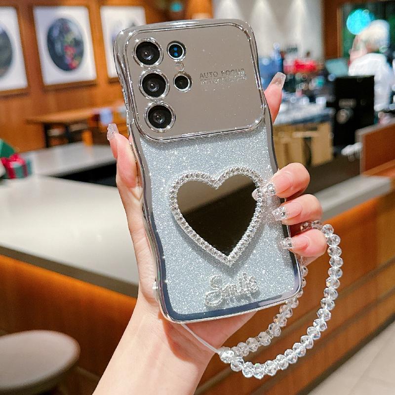 Love Mirror Glitter With Hand Lanyard Case For Samsung Galaxy S25 S24 S23 FE S22 Ultra Plus S25 Edge Cover Electroplated Coque