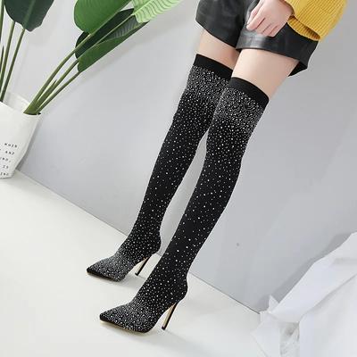 Design Kristall Strass Stretchstoff Sexy High Heels Socken Overknee Stiefel Spitzschuh Pole Dancing Damen Schuhe