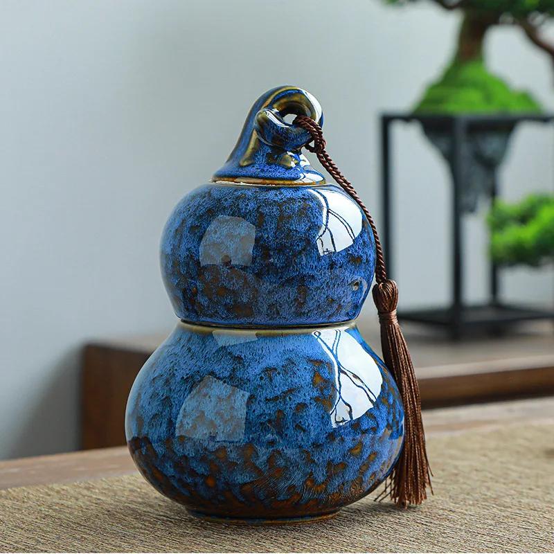 

2 Floor Gourd Ceramic Tea Jar Creative Kiln Double Sealed Storage Box Living Room Decoration Ceramic Tea Set Gift Tea Container синій