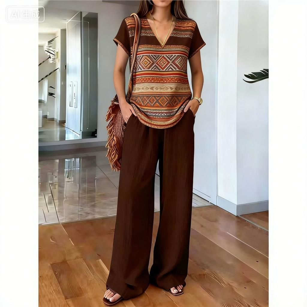 1116 New Light Luxury European and American Style Printed Two-piece Set, Printed Top, Comfortable Elastic Wide-leg Pants Women's Suit