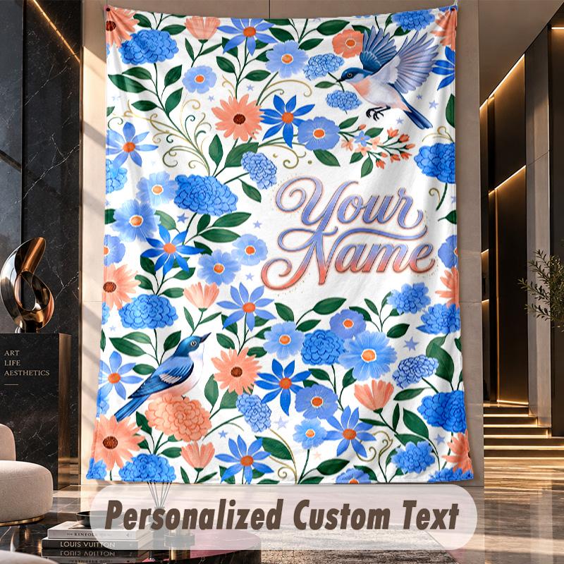 Floral Birds Artwork 1 Theme Wall Tapestry Customized With Name Text Personalized Hanging Tapestry For Bedroom Living Room Decor