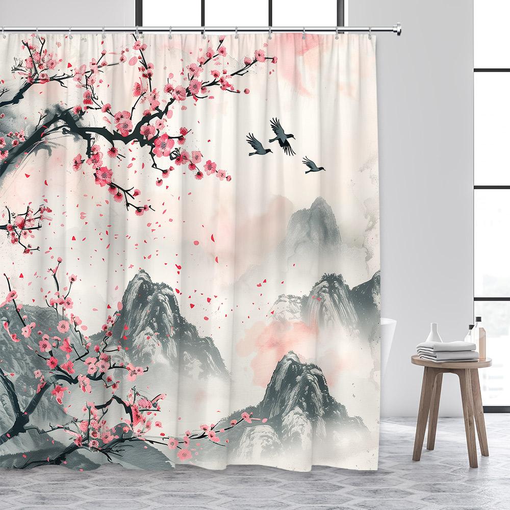 Ink Landscape Shower Curtain Abstract Mountain Water Red Floral Birds Chinese Style Bath Curtains Home Bathroom Decor with Hooks