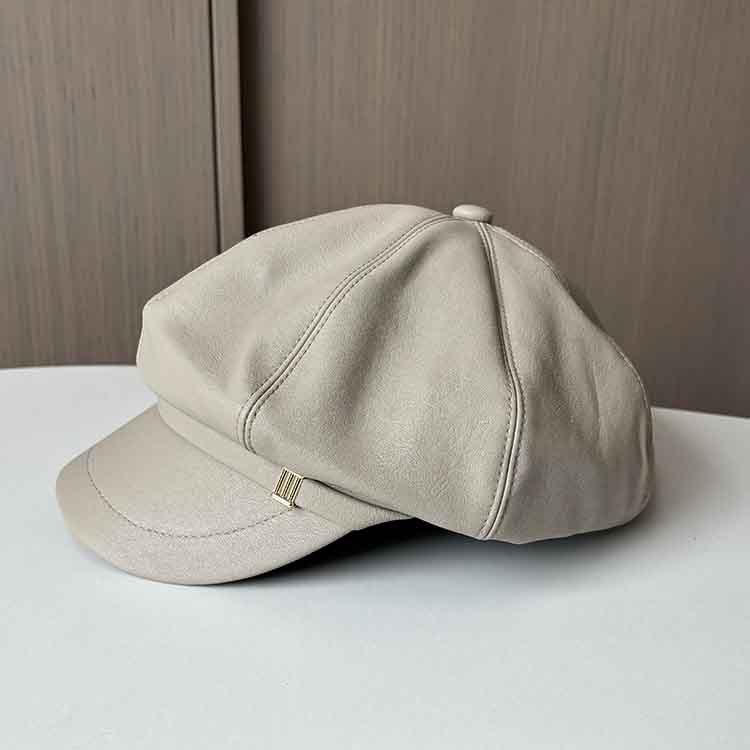 Spring and Autumn Hat Women's New Pu Leather Octagonal Hat Big Head Circumference Showing Face Small Peaked Hat Retro Temperament Painter Hat Tide