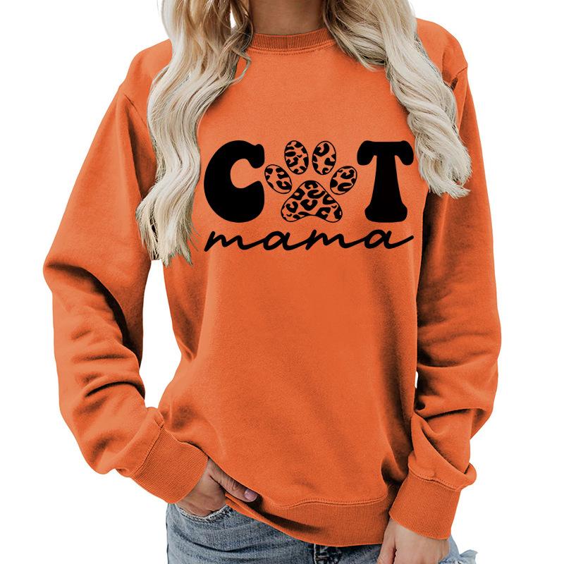 Women's Fashion Round Neck Long Sleeve Colorful Cat  Letter Top Sweatshirt