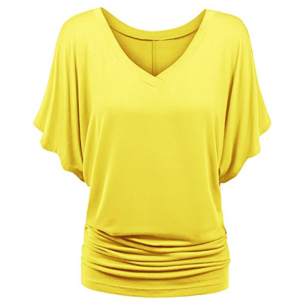 Large Size Top Women's Solid Loose Bat Sleeve V-neck Short Sleeve T-shirt