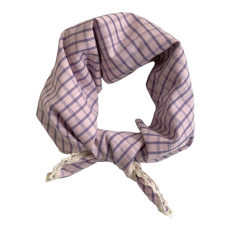 Silk scarf neck small square scarf plaid lace edge versatile fashion scarf headscarf summer women pastoral silk scarf headband