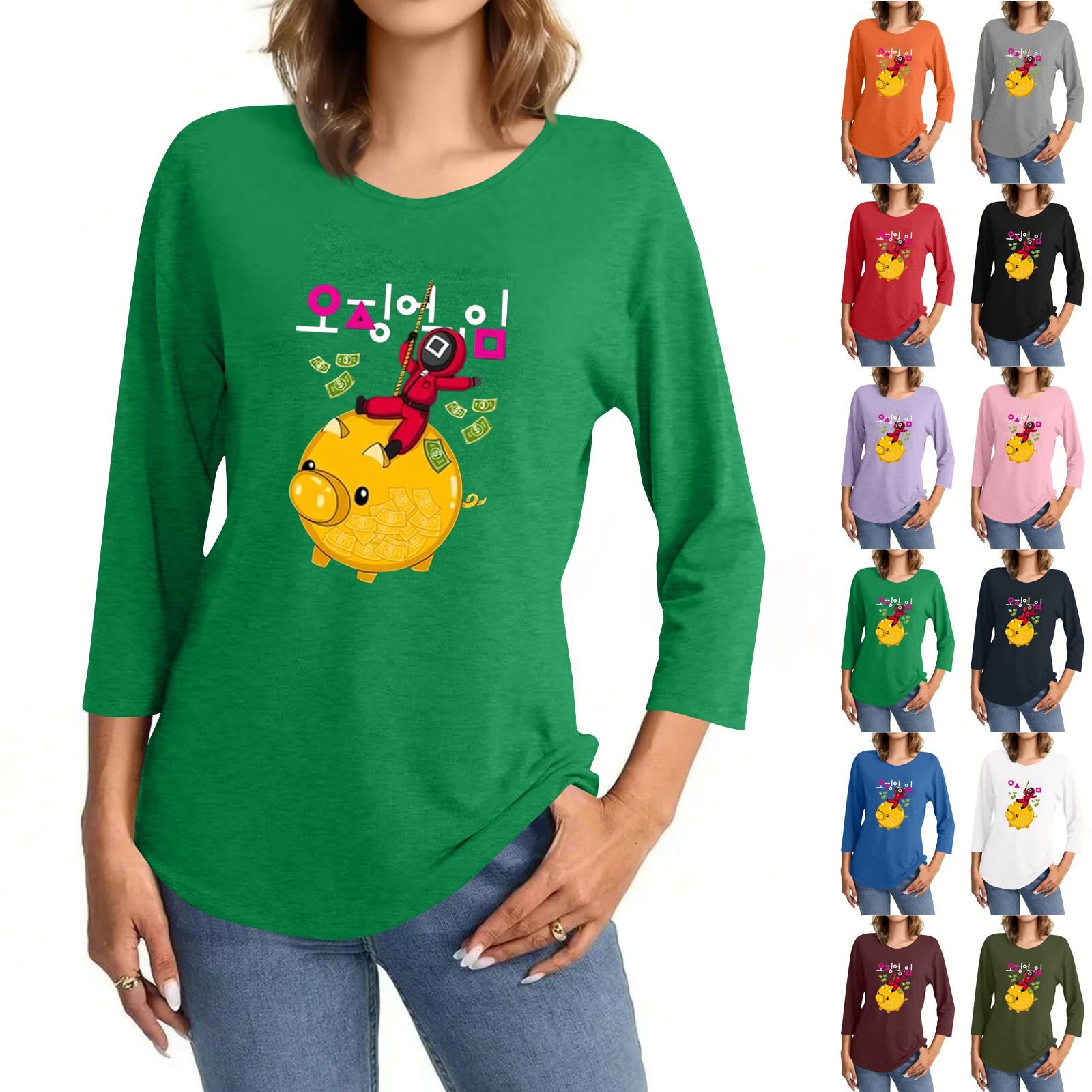 

Women s Fashionable Casual Three Quarter Sleeve Printed Collar Pullover Top L