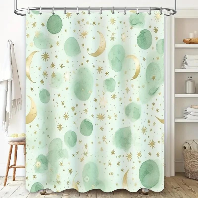 Charming Moonlight Blue Green Shower Curtain With Golden Stars For Bathroom Decor Waterproof Fabric Perfect Gift Idea For Home