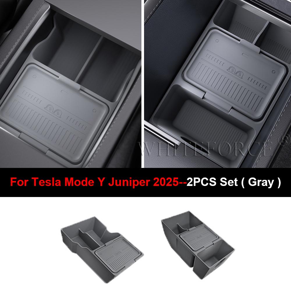 For Tesla Model Y Juniper 2025 Car Center Console Storage Box Armrest Storage Box Hidden Organizer Tray Non-slip Mat Accessories