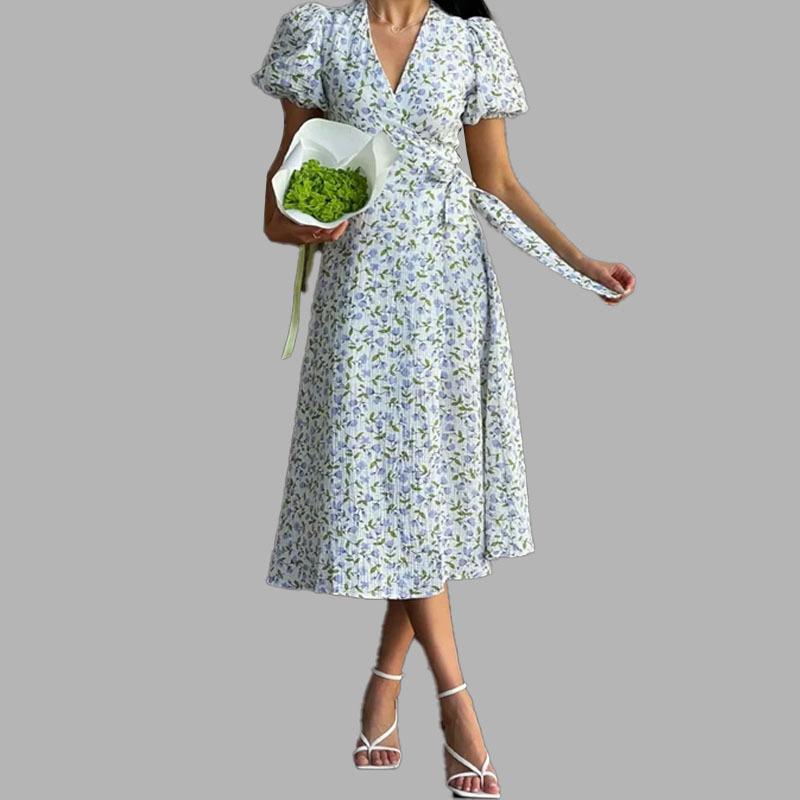 

Новый весенний цветочный короткий топ, закрывающий тело, с универсальным платьем с высокой талией 3XL синий