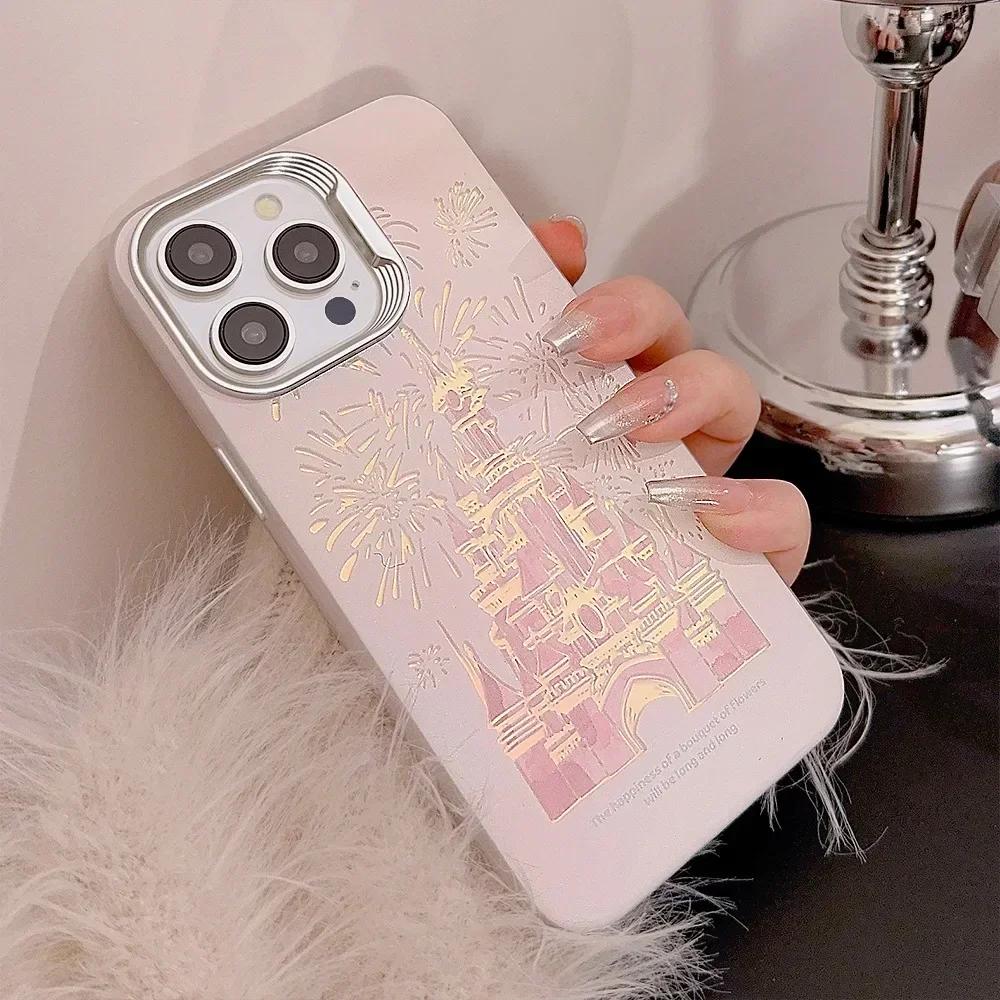Pink Glitter Phone Case for iPhone 16 Pro Max Plus 15 14 13 12 11 Laser Shiny Bling Cute Cartoon Castle iPhone Protective Cover