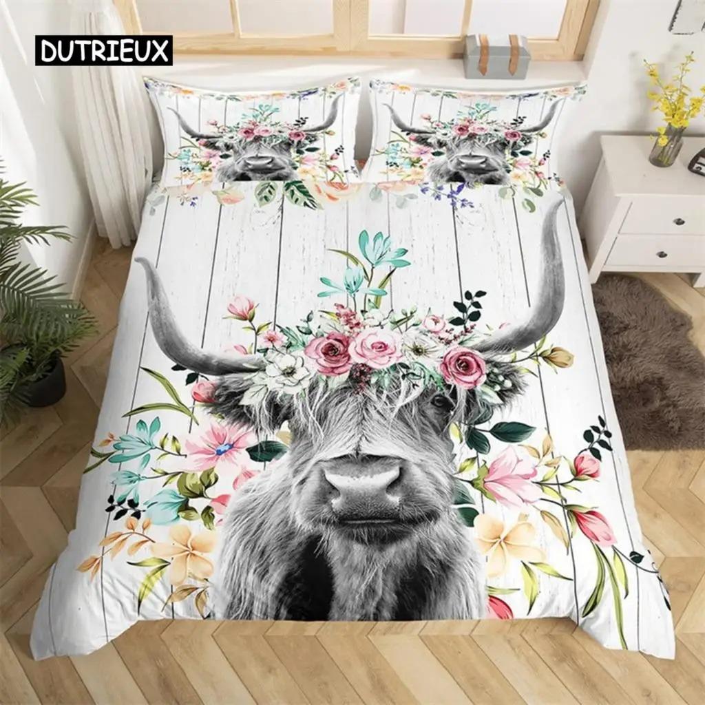Highland İnek Yatak Takımı Polyester Boğa Sığır Çiçekleri Yorgan Kılıfı Batı Vahşi Hayvan Yorgan Kılıfı Çiftlik Evi İnek Yatak Örtüsü Kılıfı