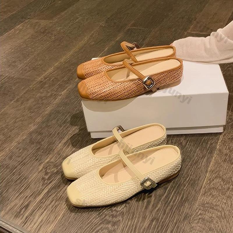 Fashion Summer Vacation Retro Shoes Women Square Head Lightweight Comfortable Slip On Lazy Slipper Breathable Mesh Hollow Casual Flats