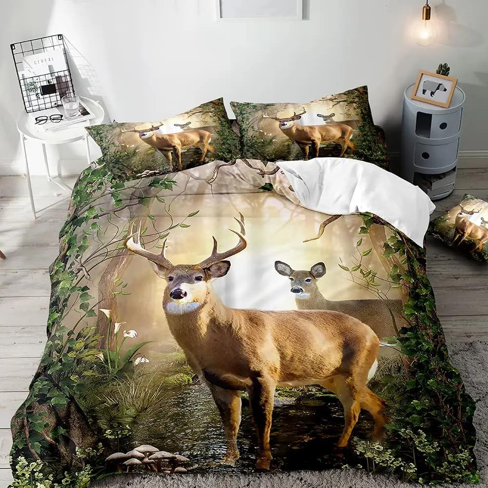 Farmhouse Bedding Sets Deer Elk Moose Mountain Woodland Animals Duvet Cover, stic Bedroom Decor, 2 Pillowcases Bedroom Decor