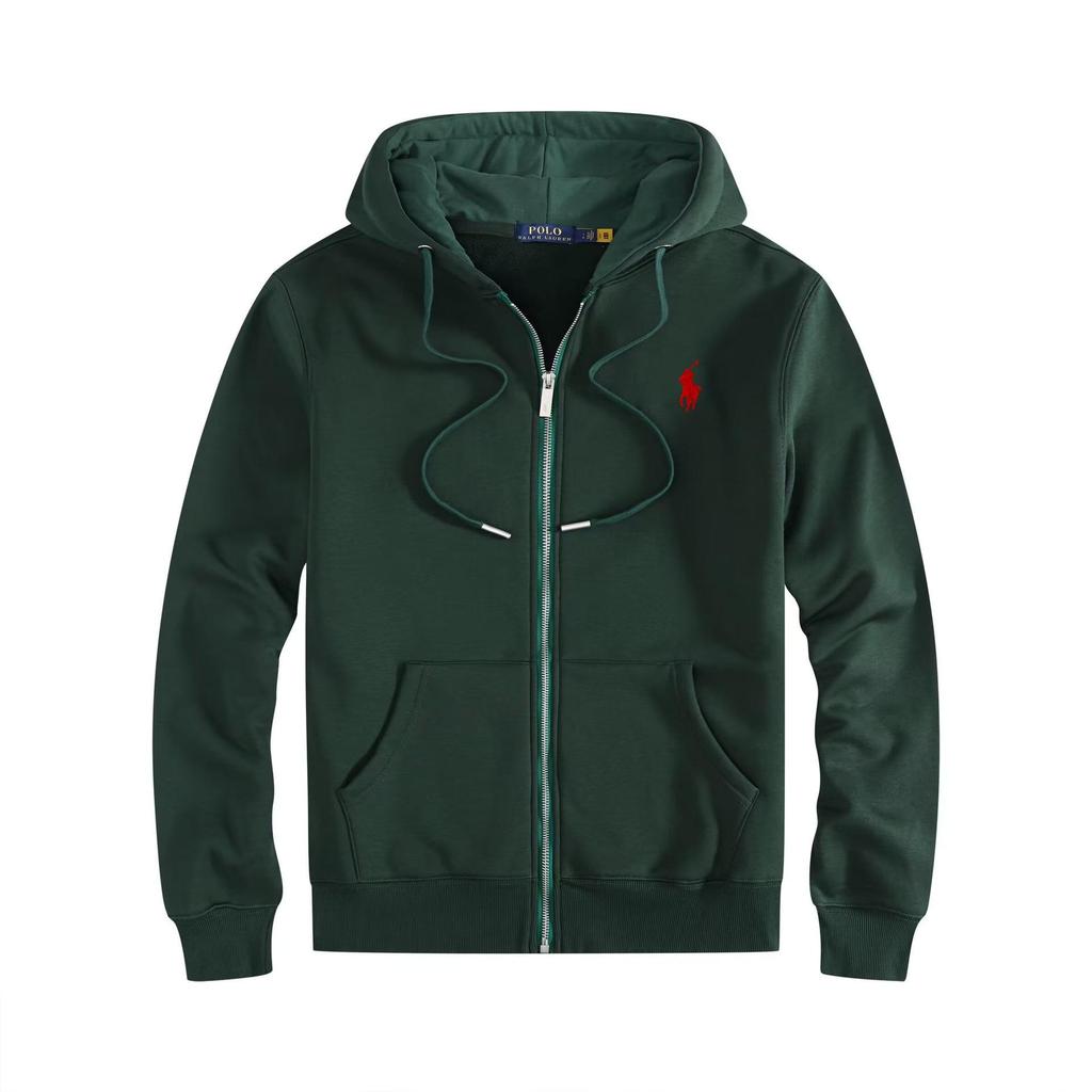 Men's Autumn/Winter Ralph Lauren Embroidered Logo Hooded Sweatshirt with Velvet Lining and Zipper.