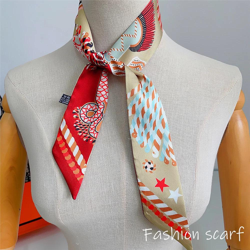 Korean Spring New Chain Buckle Decoration Ribbon Small Scarf Women Twill Tied Bag Handle Ribbon Hair Band Souvenir Small Scarf