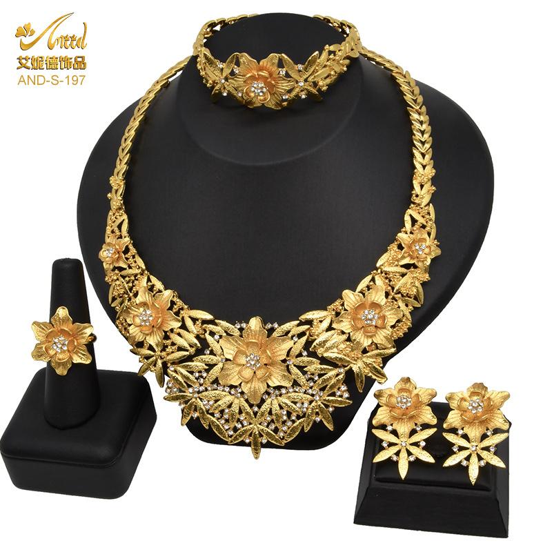 2026 Middle East Gold Wedding Jewelry Set Indian Bridal Necklace Ring Earrings Bracelet Four-piece Set