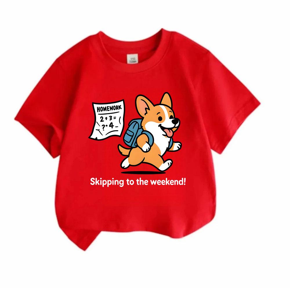 Kids Boys Girls 100% Cotton Crew Neck Short Sleeve T-Shirt, Cute Corgi Skipping To Weekend Homework Graphic Casual Soft Tee for School Daily Wear