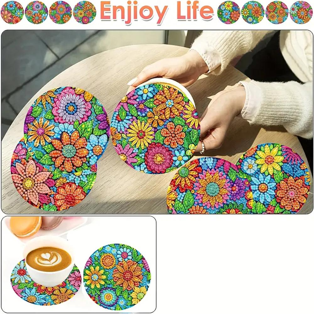 8 Stück/Set Untersetzer mit Diamant-Blumenmuster, DIY Untersetzer mit Halter, Geeignet für Anfänger und Erwachsene, Kunst- und Bastelbedarf Geschenke