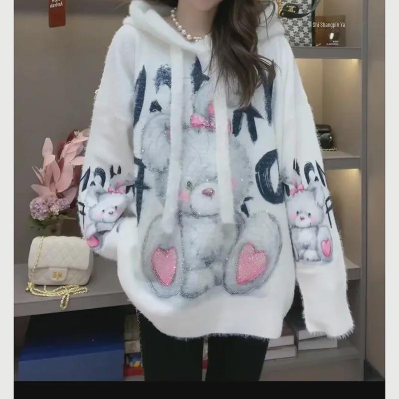 Women's European Cartoon Rabbit Knit Hoodie - Diamond Print, Faux Mink Velvet, Loose Fit, Plus Size