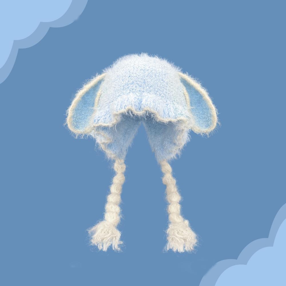 Fuzzy Texture Earflap Beanie Hat Braided Tassels Plush Winter Hat Bunny Ear Hat Autumn Wear