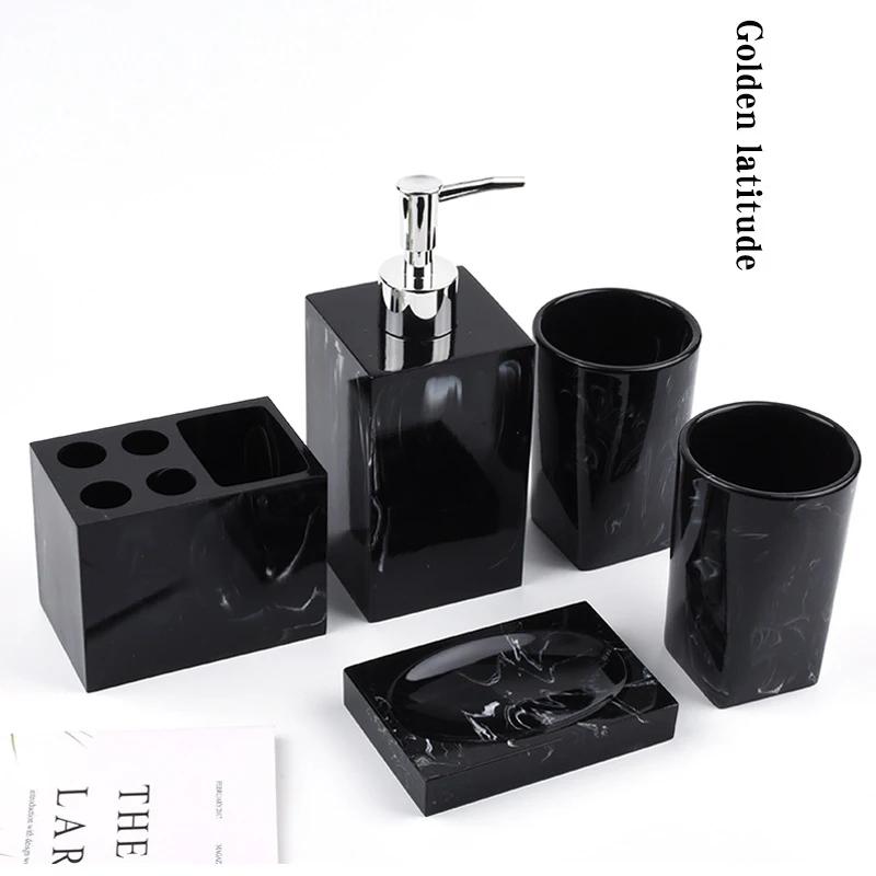 Marble Look Bathroom Accessories Set, Soap Dispenser, Toothbrush Holder, Counter Top, Restroom, Apartment Decor Stuff, 5 Pcs