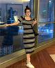 Women's Square Neck Retro Striped Knit Dress - Slim Fit, Midi Pencil Skirt, Cinched Waist, Figure-Flattering for Summer