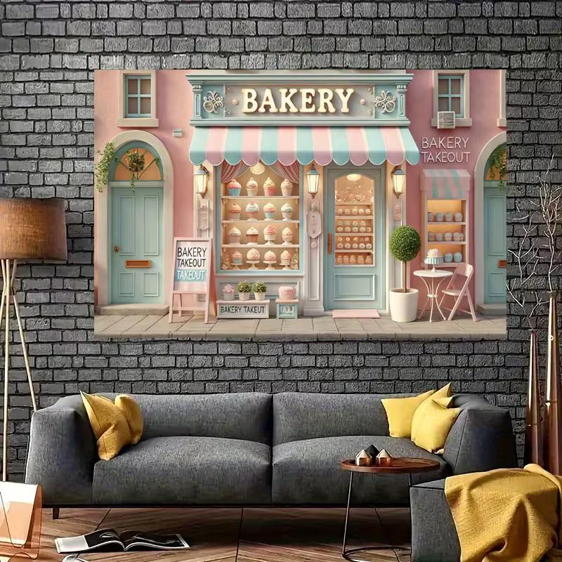 2D Sweet Bakery Backdrop, Aesthetic Macaron Bakery Banner for Home