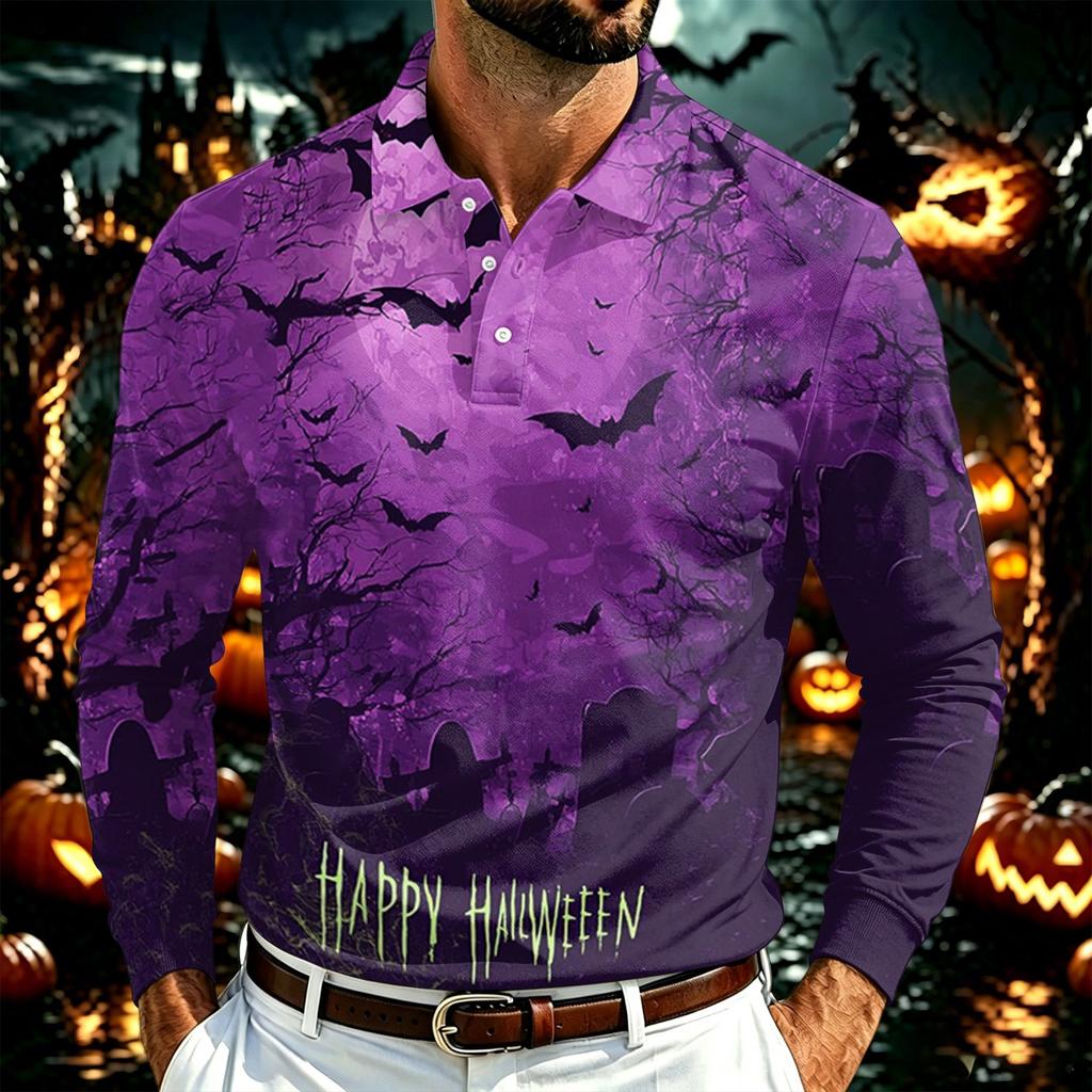 Herren Langarm Poloshirt Leichtes Atmungsaktives Netzgewebe Lässiges Hemd mit Knöpfen Halloween Geister-Aufdruck Design