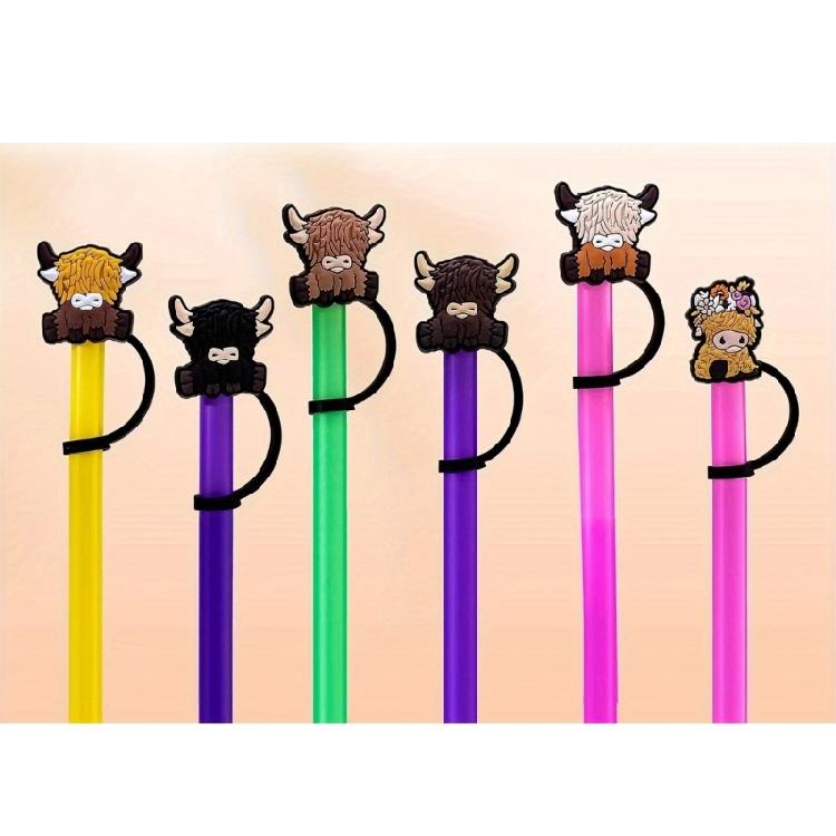 Set of 6 Cartoon Cow Shaped Straw Stopper Cover Adorment Plastic Straw Lid Drinkware Straws Tips Cover Cup Accessories