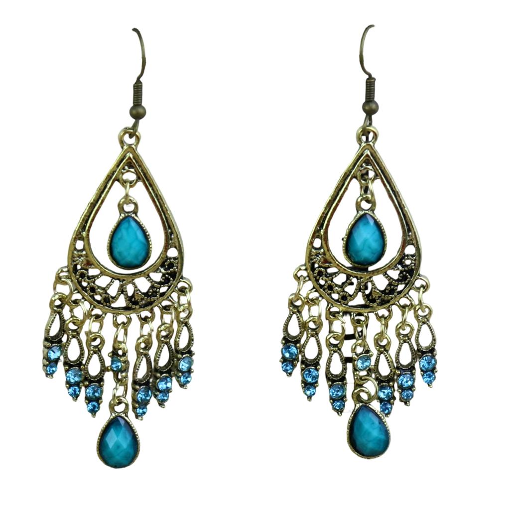 Earrings With Fashionable And Creative Ethnic , Retro Carved Flower, Water Droplet Gemstone, Tassel Earrings
